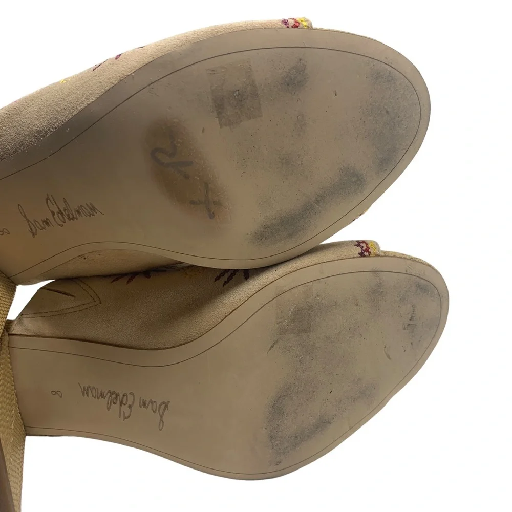 Sam Edelman Beige Boho Embroidered Floral Block Heel Mules Peep Toe “Olive” - Picture 14 of 15